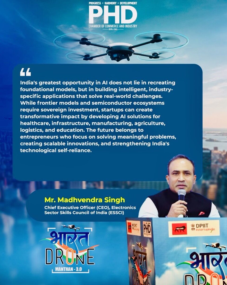 EssciIndia's tweet photo. Delighted to see ESSCI CEO deliver the keynote at #DroneManthan by PHDCCI, highlighting India's AI opportunity in industry-specific applications and presenting ESSCI's 5-STAR framework for future-ready talent through academia-industry collaboration. #AI #Skilling #ESSCI https://t.co/Hdx6dzrb4N