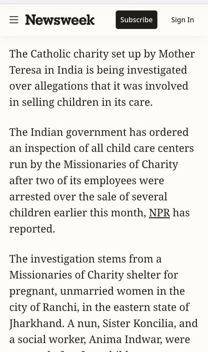 Nancy023922191's tweet photo. Mother Teresa opened an orphanage with Hillary Clinton! It operated for five years!

In all those years, zero children were placed in homes!
No adoptions!
Records vanished!

Now, this Catholic Charity is being investigated that was set up by Mother Teresa! https://t.co/Yy6JkzZyMX