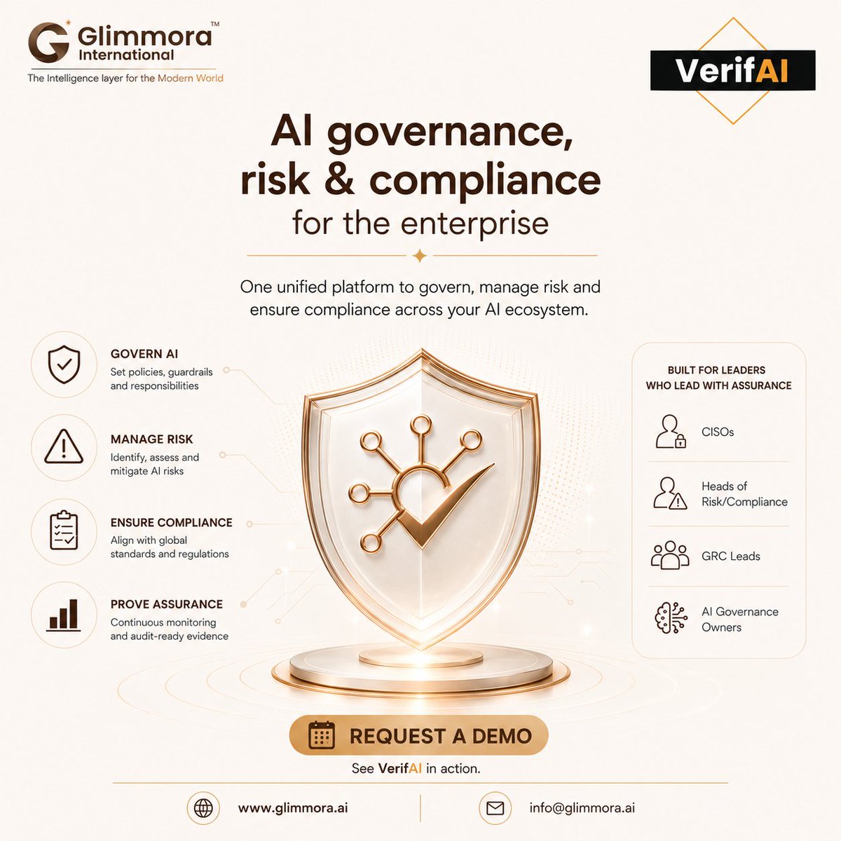 glimmora2026's tweet photo. AI Governance, Risk &amp; Compliance for the Enterprise.
VerifAI helps organizations govern AI with confidence through unified AI governance, risk management, compliance, and continuous monitoring.

Request a demo: https://t.co/hWdcc4ajL3

#VerifAI #AIGovernance #AICompliance #GI https://t.co/eHdrhgaHoj