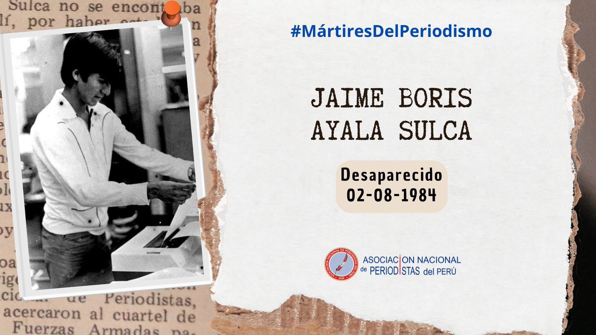 zulianalainez's tweet photo. #Perú Hoy se cumplen 42 años de la desaparición forzada del periodista Jaime Ayala Sulca, corresponsal de @larepublica_pe y presidente de la @ANP_periodistas, en Huanta. 
Hoy más que nunca reafirmamos nuestro compromiso con la verdad, memoria y justicia. 
¡Hasta encontrarlo! https://t.co/CKasuj4XGQ