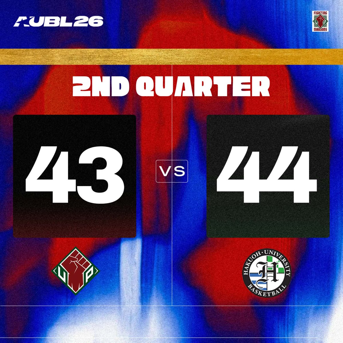 upmbt's tweet photo. The UP Fighting Maroons held their ground in the waning moments of the second quarter, trailing behind Hakuoh University, 43-44.

#UPFight #nowheretogobutUP https://t.co/VdxdCFBHFq