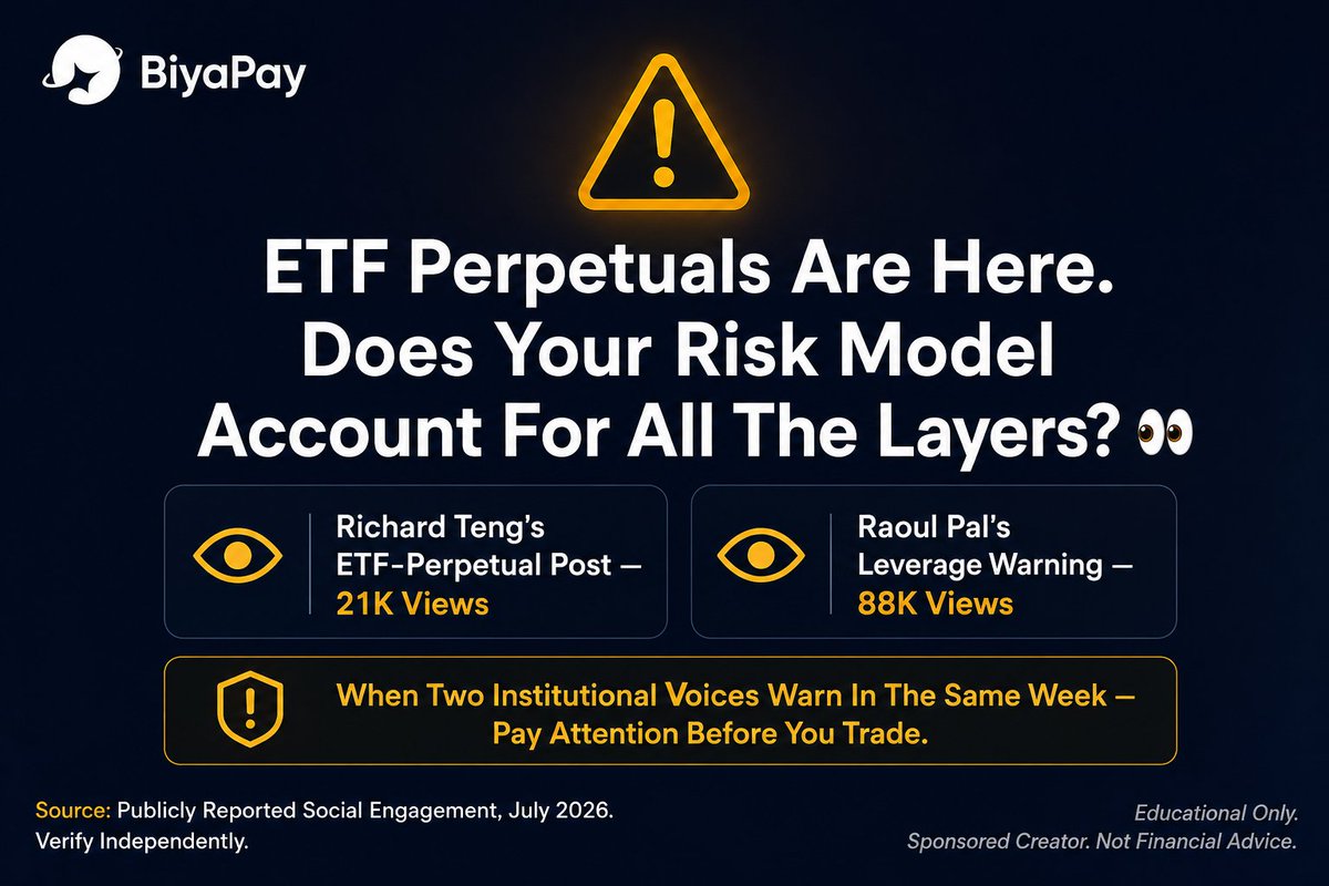 ZUKOWEB3166's tweet photo. There is a product combination quietly gaining traction in crypto derivatives markets that most retail traders don't fully understand before they trade it. 

ETF perpetuals perpetual contracts based on already-leveraged ETFs are generating serious volume and serious debate simultaneously. 

Richard Teng's post on ETF-perpetual market structure recorded 21,000 views. Raoul Pal's leverage warning on the same theme generated 88,000 views.

When two of the most followed voices in institutional crypto are both talking about the same risk in the same week that's worth paying attention to before you open a position.

Source: Publicly reported social engagement figures, July 2026. Verify independently through platform data.

A.......... 🧵