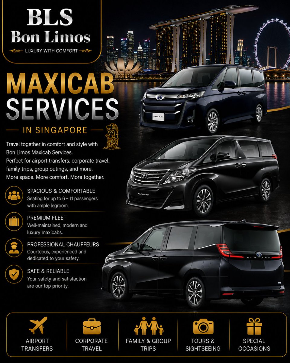 bon_limo's tweet photo. Bon Limos Maxicab services offer a practical and comfortable solution for group transportation across Singapore. Whether for airport transfers, business travel, sightseeing tours, events, or family outings, our spacious vehicles and professional chauffeurs! https://t.co/g7JAgPSH0t