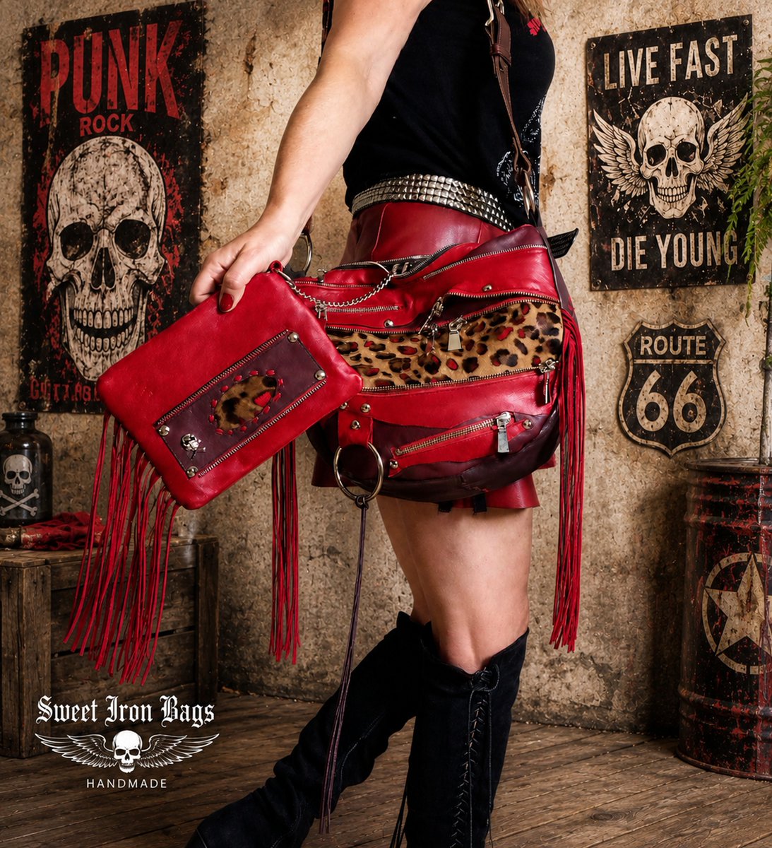 JustineArt8's tweet photo. ❤️ Handmade genuine red leather bag with leopard print accents, multiple metal zippers & a matching pouch on a chain. A bold statement piece for rock, punk & biker style. 🖤 Link https://t.co/OwOsPzChIj
#LeatherBag #Handmade #RedLeather #PunkStyle #BikerStyle #SweetIronBags https://t.co/xMLFpQ23tN