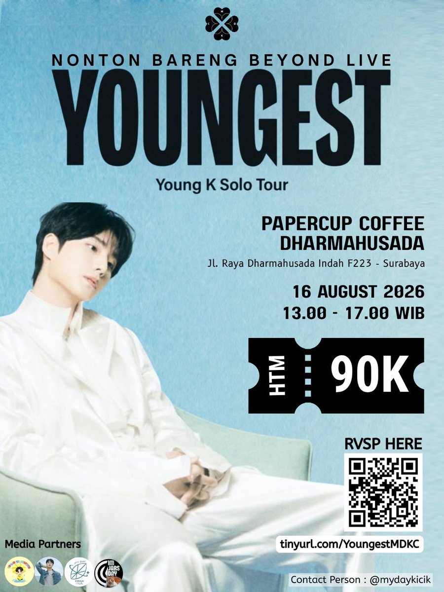 MydayCrewINA's tweet photo. [MEDIA PARTNER]

Our dearest Soloist YoungK is back on stage with Youngest after long time!

🎟️ HTM 90.000
📍PaperCup Dharmahusada (https://t.co/5w8WeEmH6q)
⏰ 13:00 - 17:00 WIB (Open gate at 12:00)

MY DAYS, RESERVE YOUR SEAT NOW! 🏃‍♀️💨
https://t.co/EufvwIsrOV

See you on Sunday! https://t.co/PX6Wgy79Zb