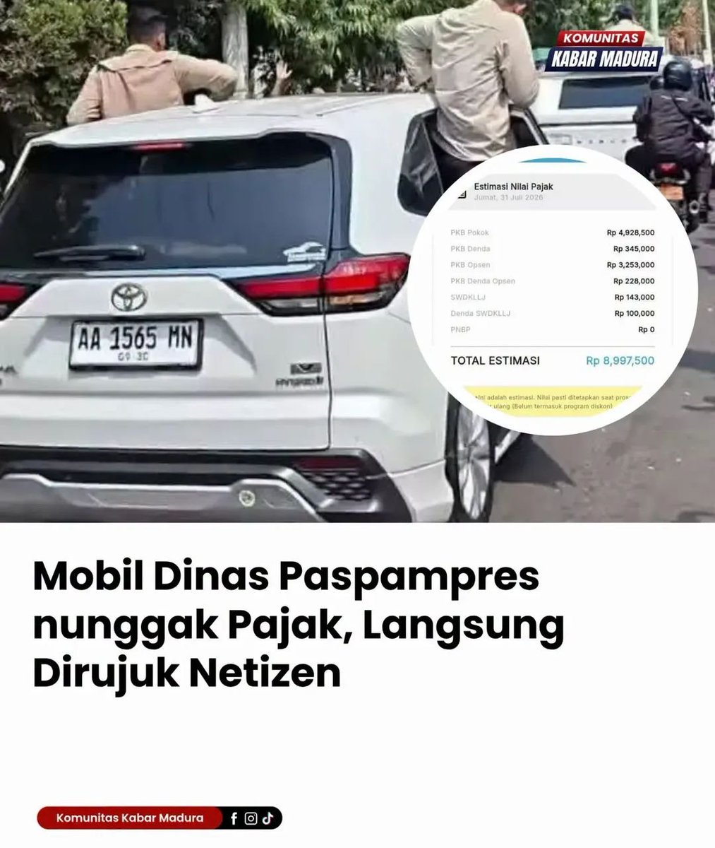 AREAJULIT's tweet photo. Breaking news : mobil paspampres nunggak pajak.

gimana menurut netizen? https://t.co/LPdp28EGyh