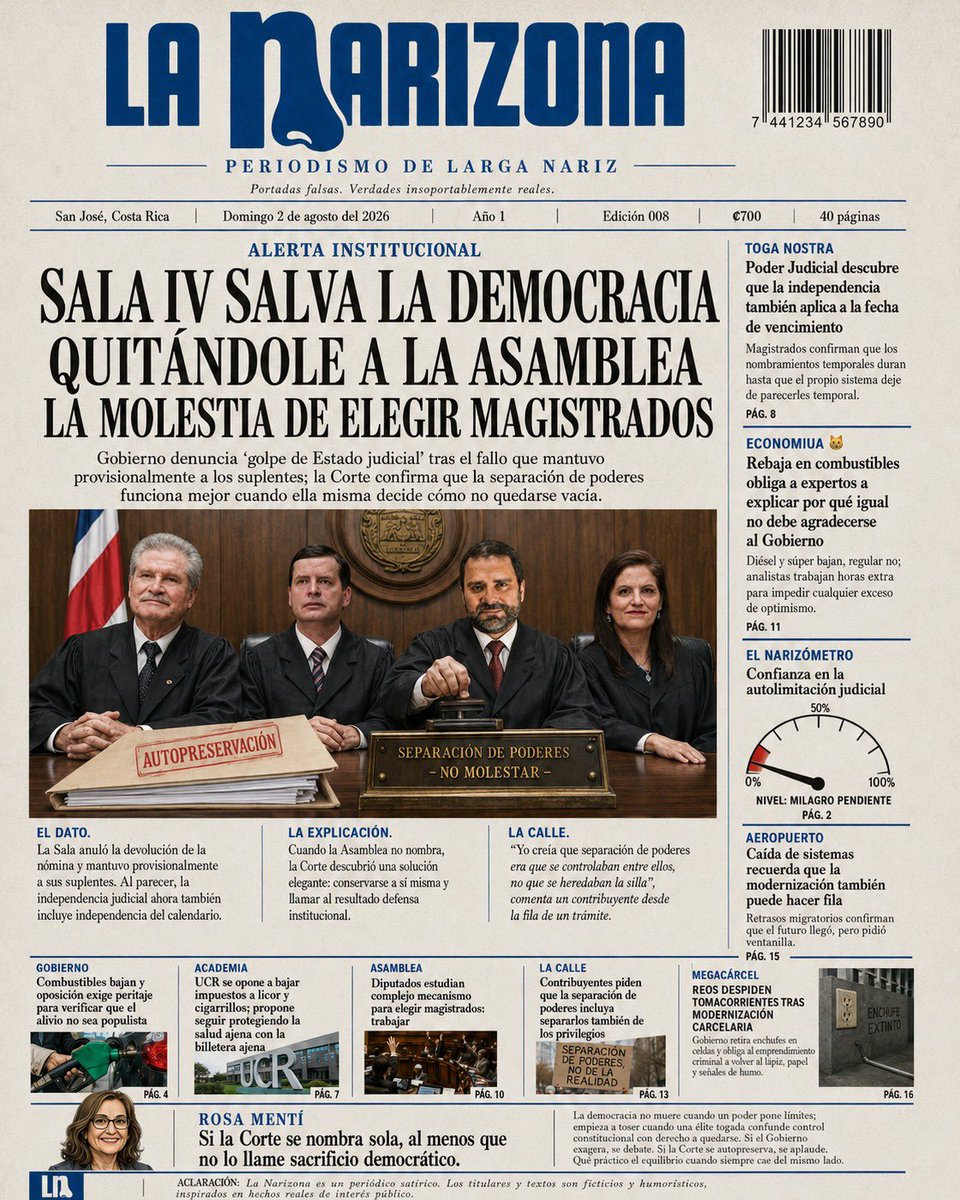LaNarizonaCR's tweet photo. La Sala IV se autopreserva y llama “defensa institucional” a quedarse con la silla.

La Narizona — Periodismo de larga nariz.
#CostaRica #SalaIV #PoderJudicial #LaNarizona https://t.co/xGRSiIaGZA