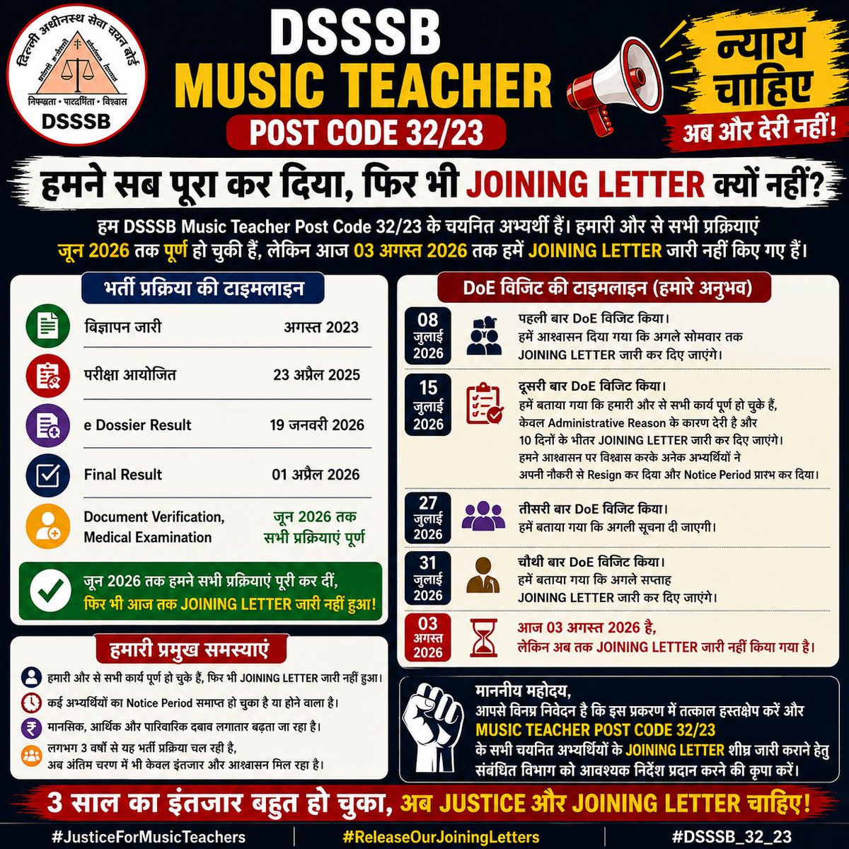 ArokClasses's tweet photo. 3+ years. All formalities completed. Still no Appointment/Joining Letters for DSSSB Music Teacher Post Code 32/23. Kindly intervene and ensure justice.

@ltgovdelhi @ashishsood_bjp @sandhutaranjits @gupta_rekha @Dir_Education @Veditha

#JusticeForMusicTeachers #DSSSB_32_23 https://t.co/IQXQ5CGrW9