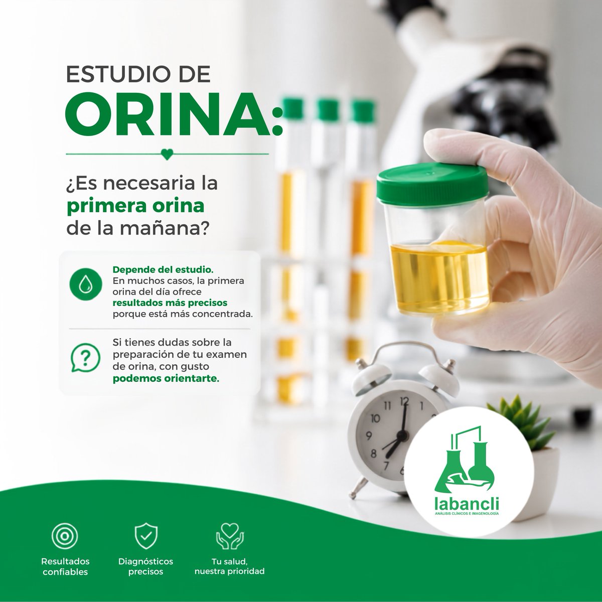 labancli's tweet photo. 🧪 Estudio de orina: ¿Es necesaria la primera orina de la mañana?

Depende del estudio. En muchos casos, la primera orina del día ofrece resultados más precisos porque está más concentrada. Si tienes dudas sobre la preparación de tu examen de orina, con gusto podemos orientarte. https://t.co/teVCd2sUtb