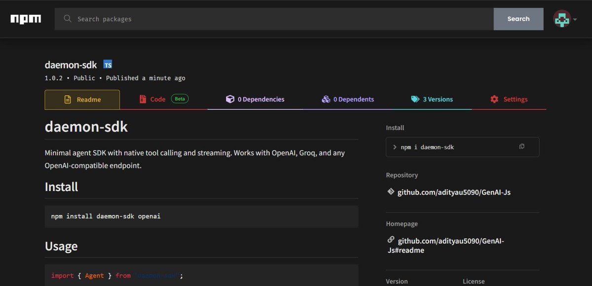 adiitya90's tweet photo. Finally build my own AI agent SDK from scratch instead of just using ai-sdk/LangChain.

Native tool calling, real streaming, works with OpenAI/Groq/Gemini.

Shipped it to npm: npm install daemon-sdk

I don't use AI SDK I build my own
@Hiteshdotcom @piyushgarg_dev  @ChaiCodeHQ https://t.co/CrE3O6guc5