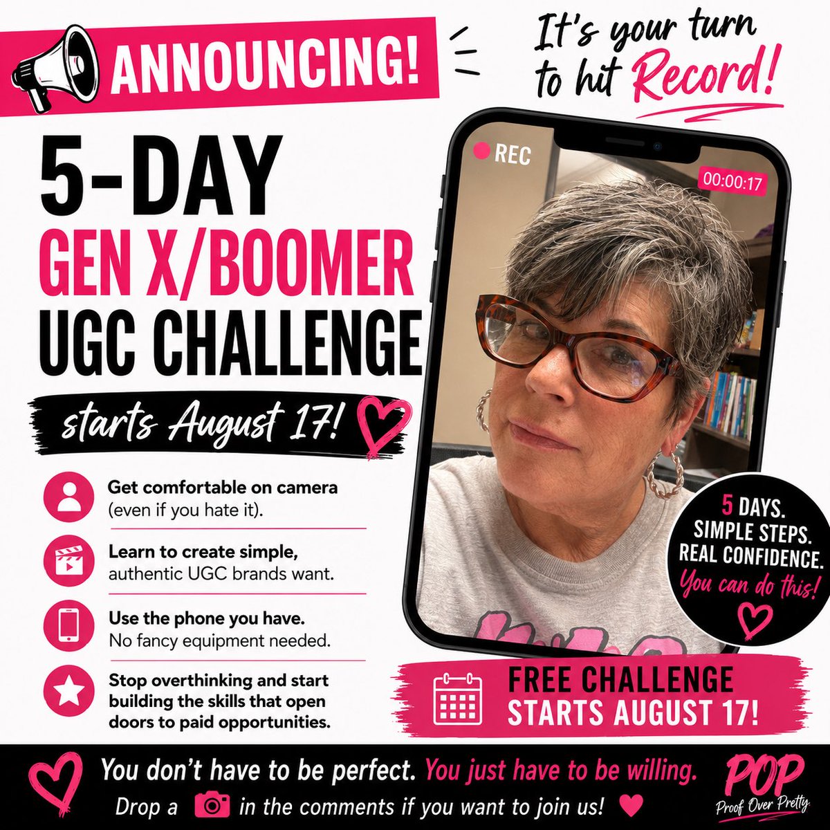 lisahunt's tweet photo. Think you’re too old for UGC? Think again. 💗

Join my FREE 5-Day Gen X/Boomer UGC Challenge starting Aug. 17. You’ll get a B-roll shot list, daily prompts, confidence-building exercises, and a supportive community.

🎥 Comment “RECORD” for the invite. https://t.co/ifOfJvsYa7