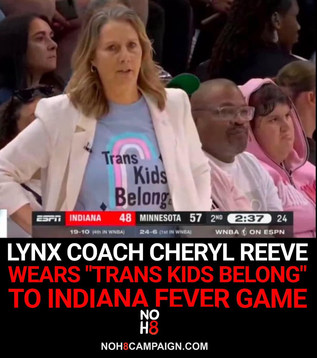 NOH8Campaign's tweet photo. Minnesota Lynx head coach Cheryl Reeve wore a "Trans Kids Belong" shirt during the Indiana Fever game. Before the game, Reeve said she comes from "a space of inclusion," adding, "we need to protect trans kids" and that "every kid has a right to sports" #NOH8 https://t.co/amtSZY4nkM
