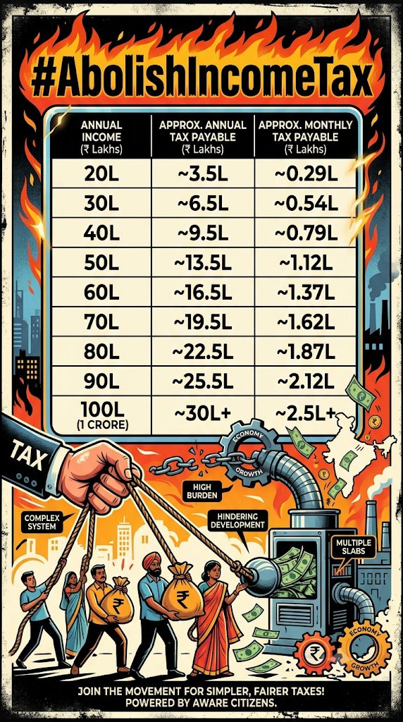 storyoftaxpayer's tweet photo. #AbolishIncomeTax 

If you are a part of one of the tax slabs and if you feel it’s not right to have such higher tax slabs then join us by raising your voice and atleast tag #AbolishIncomeTax to make it viral and seek the authorities attention to fix it in FY’27 https://t.co/a2kQ182i2b