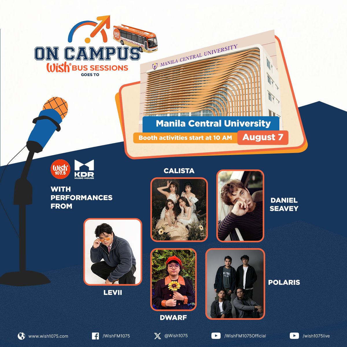 wish1075's tweet photo. Don’t miss the awesome live performances of Daniel Seavey, Calista, Levi, Dwarf, and polaris. at Manila Central University on August 7, 2026! https://t.co/ELVJx5LKPt