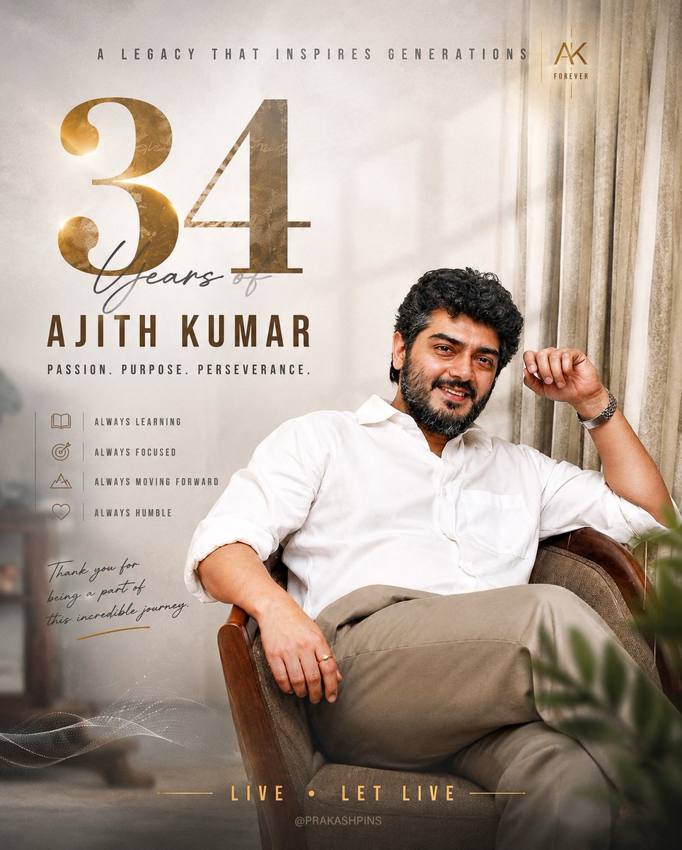 DareAzar25's tweet photo. திரை பின்புலம் எதுவும் இன்றி, உழைப்பையும் விடாமுயற்சியையும் மட்டுமே மூலதனமாகக் கொண்டு தமிழ் சினிமாவில் நுழைந்து, இன்று கோடிக்கணக்கான மக்களின் மனங்களை வென்ற அஜித்குமார் 34 ஆண்டுகளை வெற்றிகரமாகக் கடந்துள்ளார்.
#34YearsOfAjithKumar
#34YearsOfAjithism #AjithKumar #34YearsOfAK https://t.co/uIUArQANiz