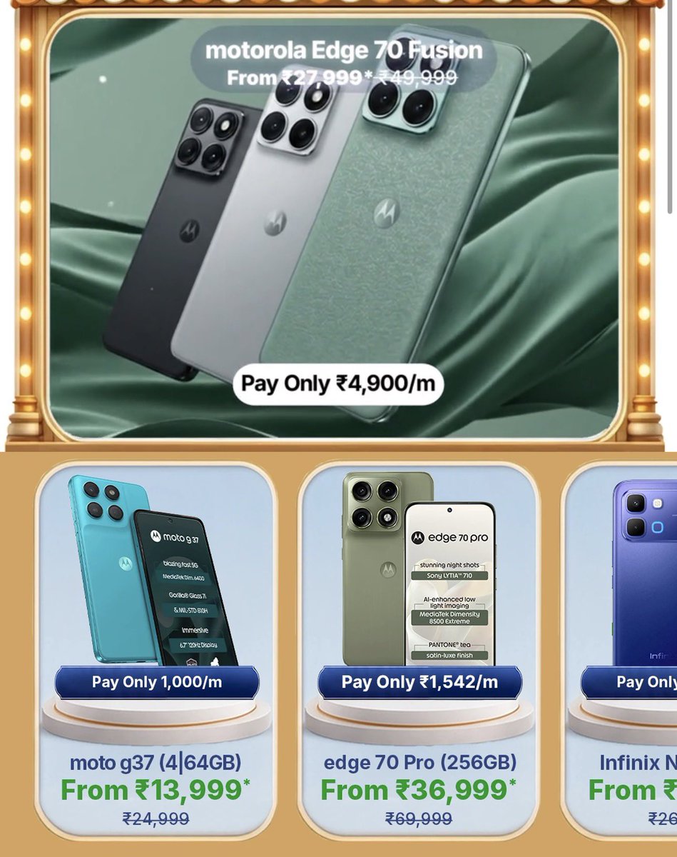 saaaanjjjuuu's tweet photo. Flipkart FREEDOM sale deals on Motorola smartphones revealed ahead of the sale:

• Edge 70: ₹27,999*
• Edge 70 Fusion: ₹27,999
• Edge 60 Pro 5G: ₹28,999*
• Edge 60 Fusion (256GB): ₹27,999
• Edge 70 Pro: ₹36,999*
• G77 Power: ₹21,999*
• Razr fold: ₹1,39,999*
• Signature: ₹52,499*

Flipkart is definitely smoking something weird. They’re listing the same regular prices during sales and calling them massive discounts.

At this point, it’s more of a marketing event than an actual sale.