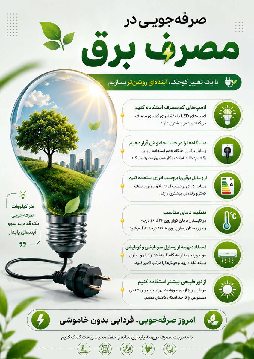 behzad__7422's tweet photo. ✨ روشنایی واقعی، در مصرف آگاهانه است.

هر لامپی که بی‌دلیل خاموش می‌کنیم، نوری برای آینده روشن‌تر می‌سازیم.
بیایید با مصرف هوشمندانه برق، هم در هزینه‌ها صرفه‌جویی کنیم و هم سهمی در حفظ زمین داشته باشیم. 💡🌿 https://t.co/cQKeL2eSM9