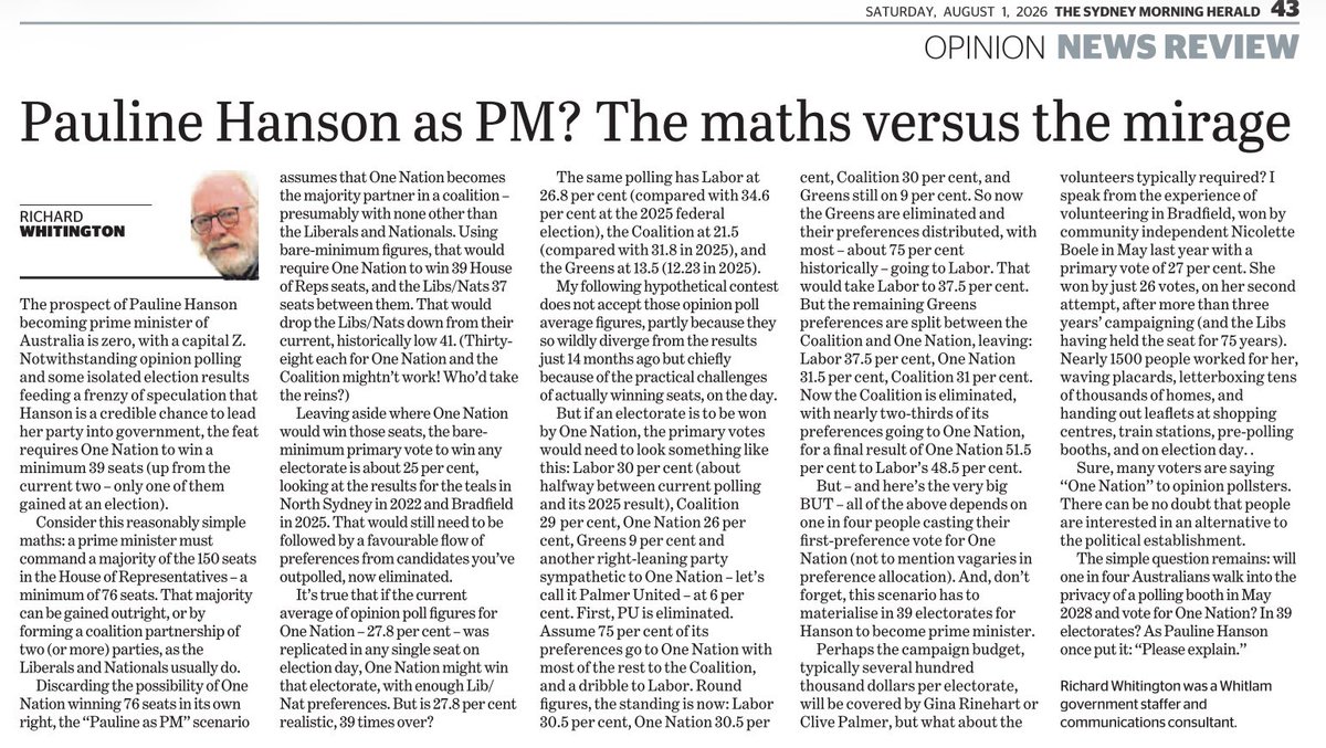 MargieJay50's tweet photo. At last some sense.

For the attention of @PaulineHansonOz @OneNationAus and #HansonSupporters

‘The prospect of Pauline Hanson becoming prime minister of Australia is zero, with a capital Z.’ 

Richard Whitington, @smh https://t.co/d6qQNjxQs2
