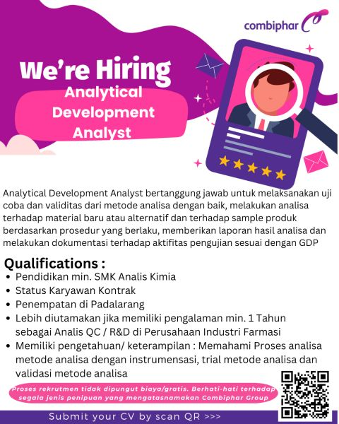 temankerjaaa's tweet photo. 📢We Are Hiring!

Buat kamu yang mau kerja di PT Pharma Health Care Cikarang dan  PT Combiphar Padalarang! 

Lagi ada lowongan kerja nih untuk kalian, posisi:

- Document Control Supervisor
- QC Starting Material Analyst
- Analytical Development Analyst
- Warehouse Operator
- Operator Produksi

Link di twitt bawah ya 👇👇👇