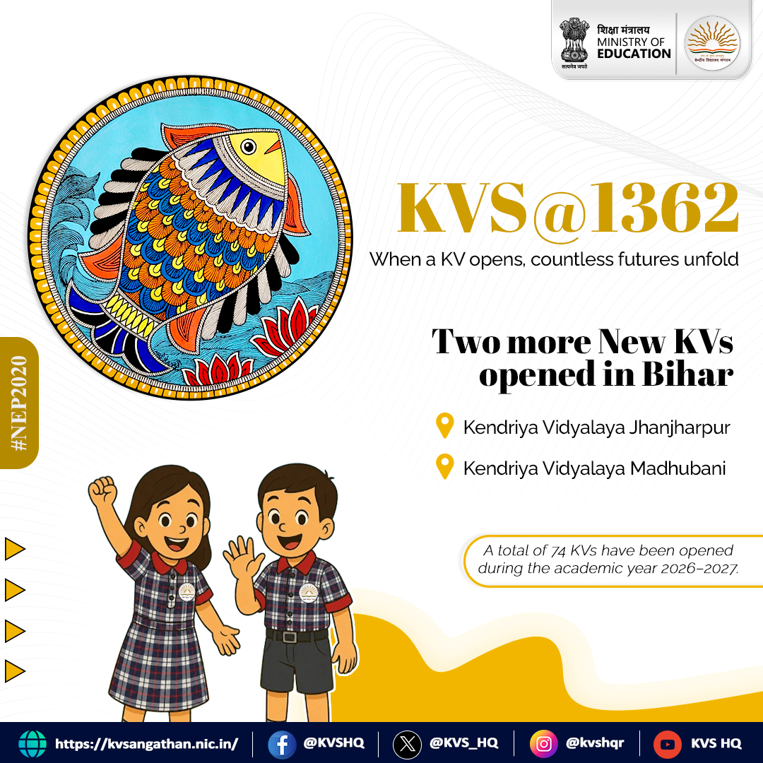 KVS_HQ's tweet photo. KVS@1362 | Education reaches closer to every child as two more Kendriya Vidyalayas begin their journey in Bihar:

📍KV Jhanjharpur
📍KV Madhubani

74 new KVs have been opened during the Academic Year 2026–27, taking the #KVS network to 1,362 schools across the country.

#NEP2020 https://t.co/Bd48HhjBI9
