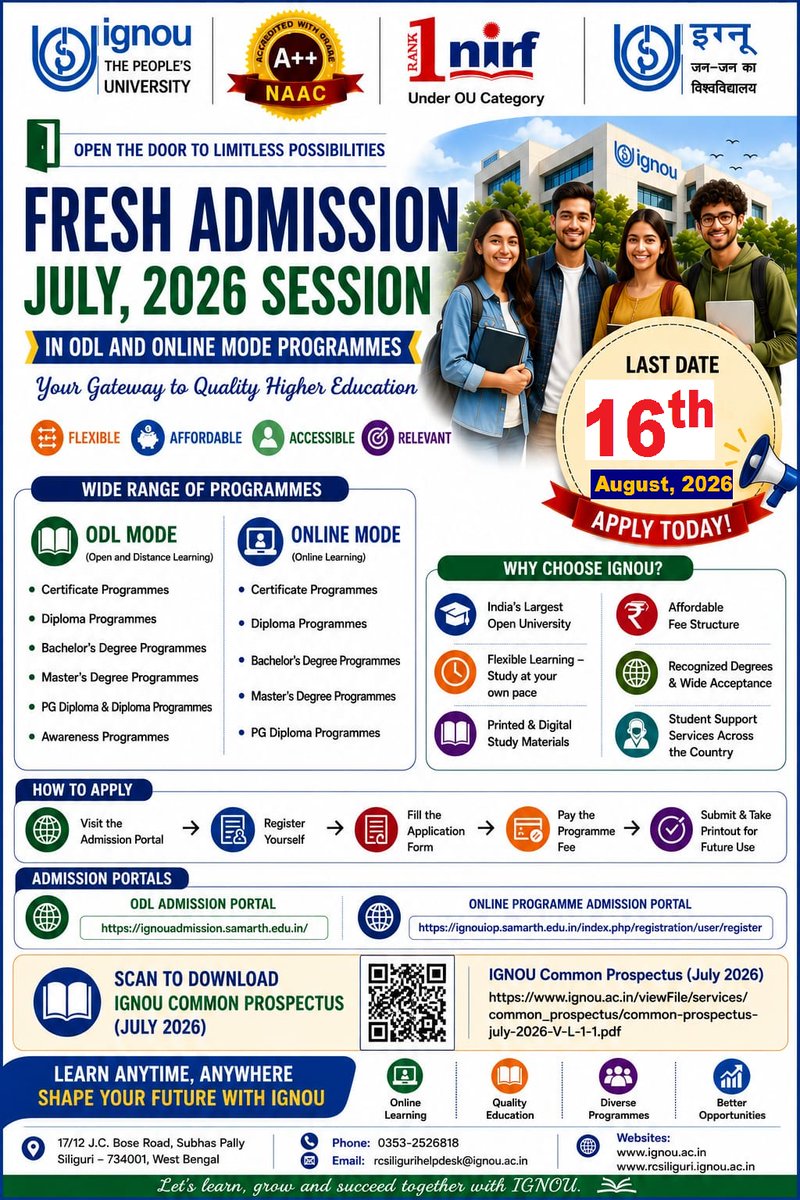 IGNOURCSILIGUR1's tweet photo. Further Extension of last date for July, 2026 Fresh Admission reg https://t.co/5Wb6pqPdtp