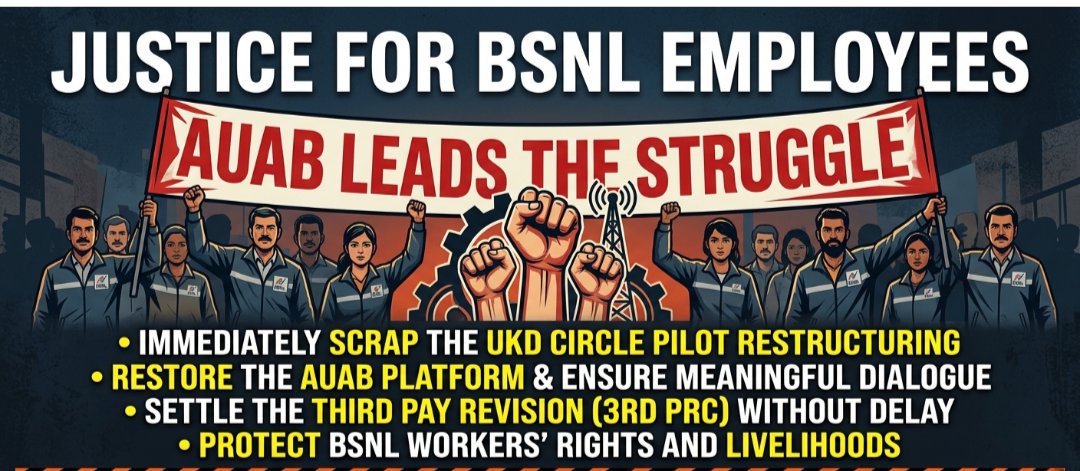 ARJangid2's tweet photo. @rockingsunn @PMOIndia @DoT_India @JM_Scindia @PemmasaniOnX @CMDBSNL Sir,
@CMDBSNL @DoT_India
@JM_Scindia

BSNL employees demand:
1. Complete rollback of UKD Circle pilot restructuring
2. Meaningful talks with AUAB
3. Implementation of 3rd PRC Protect BSNL's future &amp; workforce! 
#NoToBSNLRestructuring
#SaveBSNLSaveNation
#Implement3rdPRC_BSNL https://t.co/npCUuC1Ap7