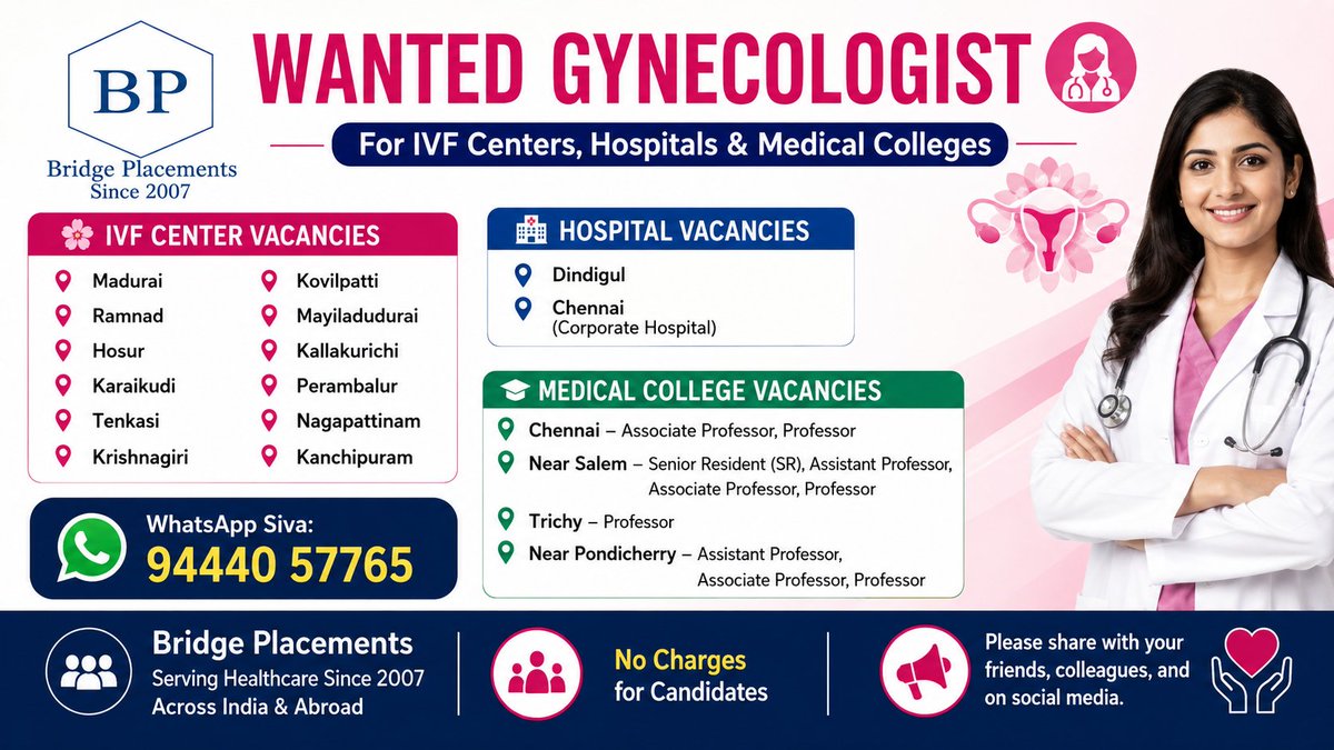Bridgeplacement's tweet photo. 🏥 *WANTED GYNECOLOGIST* 👩‍⚕️

*For IVF Centers, Hospitals &amp; Medical Colleges*

#gyn #gynecology #Obg #OG #GynecologyJobs

#bridgeplacementsjobs #hospitaljobs #MedicalJobs #doctorjobs #hiring #HealthcareJobs https://t.co/94rW8ubiqB