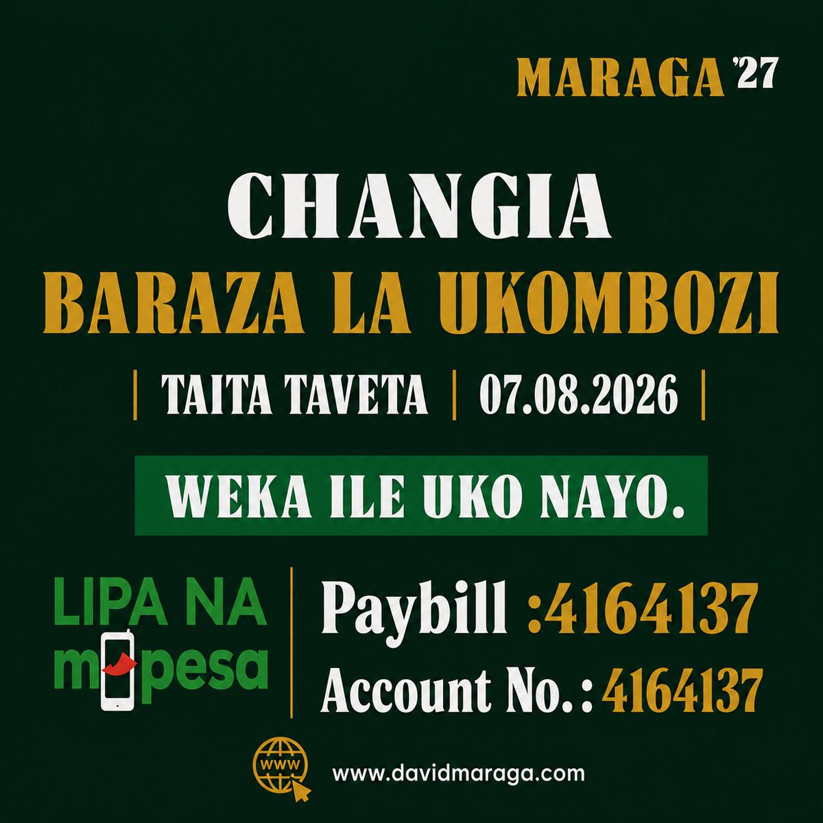 dombwosque24823's tweet photo. Maraga will be here. The people will be here. Kenya’s future is here. 
Welcome to the people’s convention. Taita Taveta,August,7th. https://t.co/q0paM1ZvlN