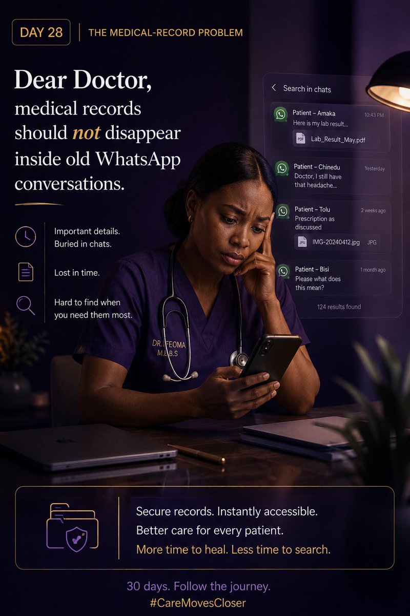 Med_Trader_'s tweet photo. Every patient deserves continuity of care, but this is difficult when lab results, prescriptions, follow-ups, and clinical notes are buried across WhatsApp conversations and scattered records.

Doctors should spend less time searching and more time caring.

#CareMovesCloser https://t.co/A62lQ7wIS0