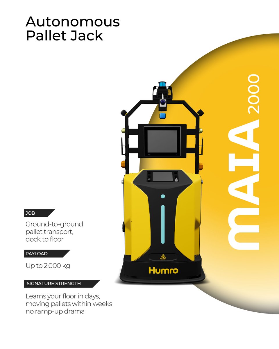 HumroGlobal's tweet photo. Three robots zero coffee breaks, Maia moves pallets ground to ground, Atlas lifts what most people wouldn't want to, Hermes reaches 32 feet up so your team doesn't have to be held to the same standard.
#WorkplaceSafety #ZeroDowntime #LiftSmarter #ReachHigher #EfficiencyUpgrade https://t.co/sFKhhadNhG