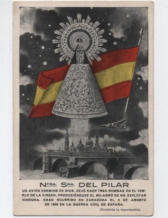 UniCatolicos_es's tweet photo. 90 Aniversario del bombardeo a la Basílica del Pilar de Zaragoza por el Frente Popular el 3 de Agosto de 1936.

Un avión descargó tres bombas sobre la basílica, dos de las cuales penetraron en el templo, dañando la pintura de Goya frente a la Santa Capilla. La tercera impactó en la plaza. Milagrosamente ninguna estalló.

Nada pudo contra la Madre de Dios.