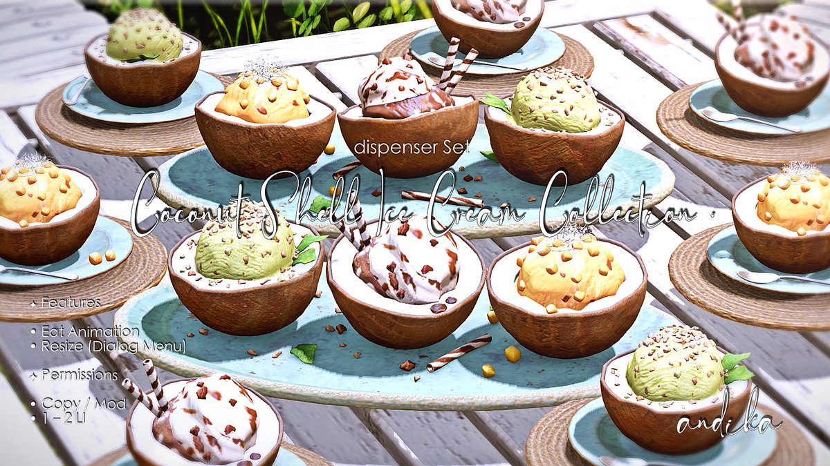 andika0000000's tweet photo. Don't let the summer heat wear you out. 🌞

Here's a little tropical treat for you. 🥥🌴

Coconut Shell Ice Cream Collection
Now at Anthem!
🏄‍♀️ https://t.co/nANrxWa7PZ

#SecondLife #SL #SecondLifeShopping #VirtualWorld #VirtualFood #SLEvent #AnthemSL #andika https://t.co/Ml2GYa2HUE