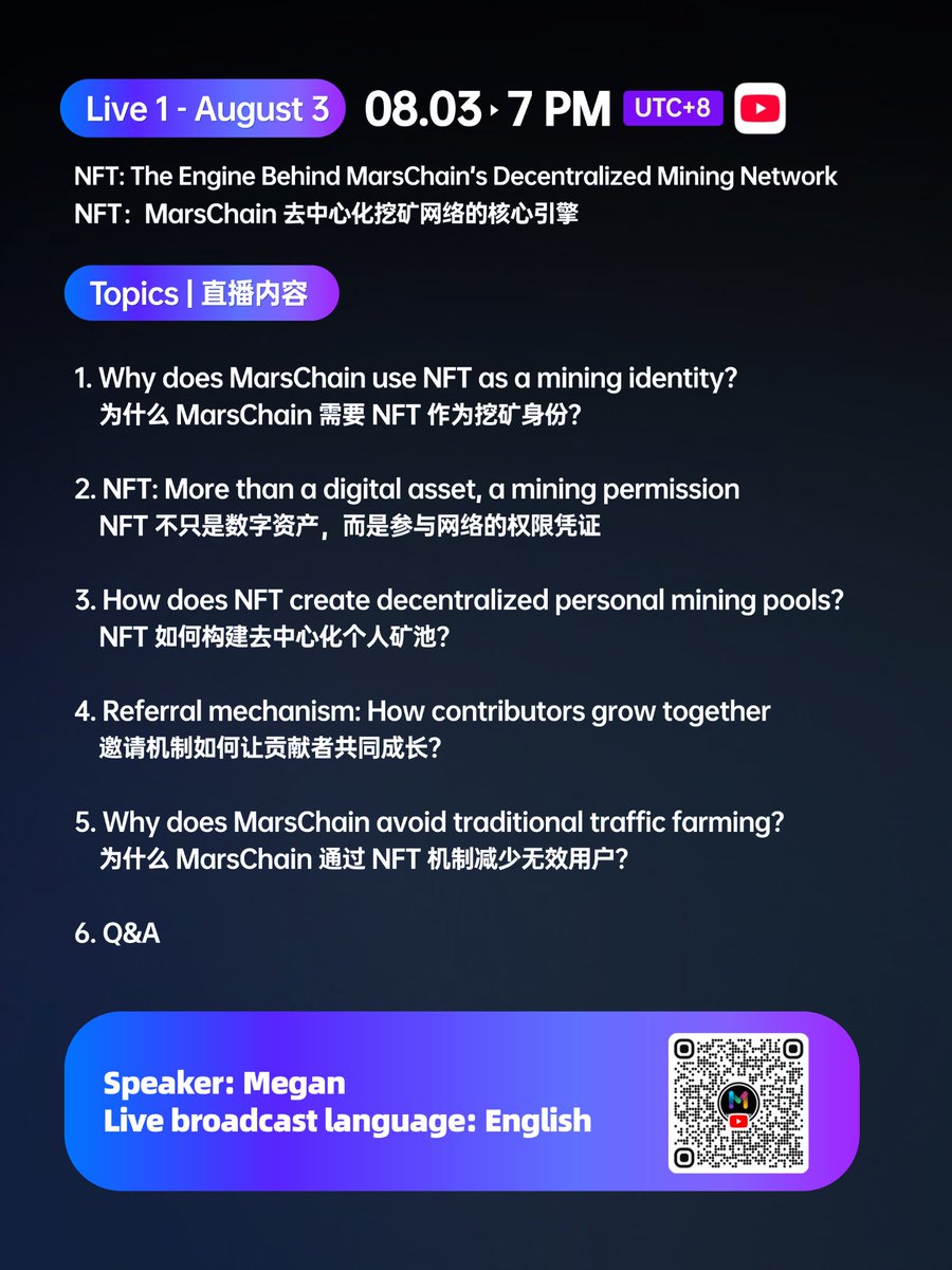 MarsChainDAO's tweet photo. 🚀 MarsChain Live Starts Today!

Do you know why MarsChain NFT is required as a mining access pass?

Today, we’ll explore how NFT connects users with decentralized mining, personal mining pools, and community growth.

📅 Aug 3 | ⏰ 7 PM (UTC+8)

#MarsChain #NFT #Web3 https://t.co/0I1xgZRY2x