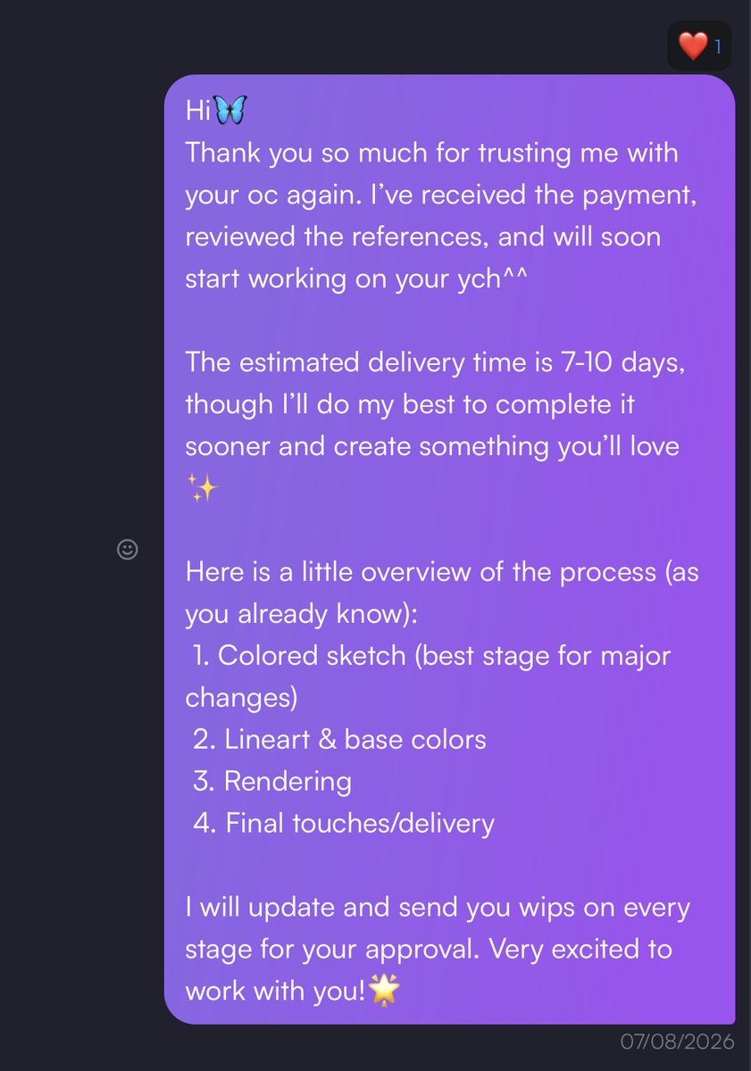 smodneart's tweet photo. 🦋 a little tip for new artists

at the start of every c⊹mm, I let my clients know exactly how many updates they’ll receive and at which stages✨

it helps avoid misunderstandings and gives clients peace of mind while they wait for their piece

#VGenComm #VGenArtist https://t.co/bPJoE0kpal