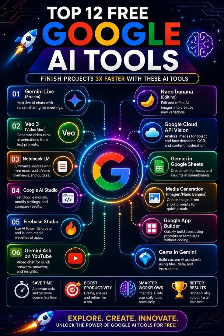 ShakibAham5a's tweet photo. 12 Free Google AI Tools You Should Start Using Today
Save time, boost productivity, and work smarter with these powerful AI tools from Google.
💬 Comment "GOOGLE" 
if you want the complete guide, prompts, and free AI resources. 🔥 https://t.co/J5purEmZPp