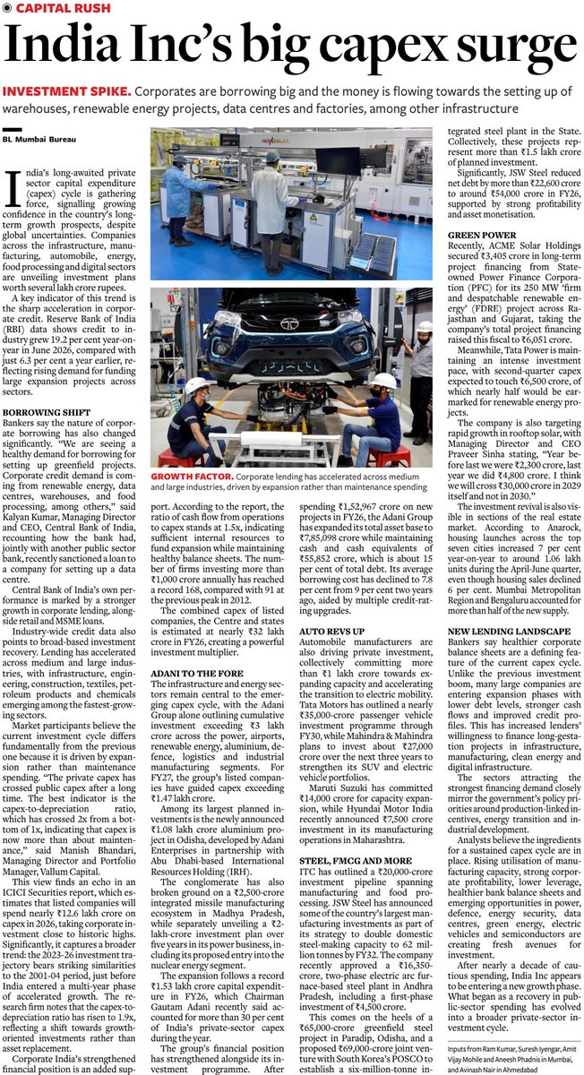 prasannavishy's tweet photo. India Inc.’s capex cycle is gathering real momentum. Corporate credit is growing at nearly 20%, but unlike previous cycles, borrowing is funding new factories, data centres, warehouses, renewable energy, steel, automobiles and manufacturing capacity and not balance-sheet repair.

From Adani’s manufacturing and infrastructure push to Tata, Mahindra, Maruti, JSW, ITC and ACME expanding capacity, the investment wave spans multiple sectors. After a decade led by public capex, India is finally witnessing the emergence of a broad-based private investment cycle. via @businessline