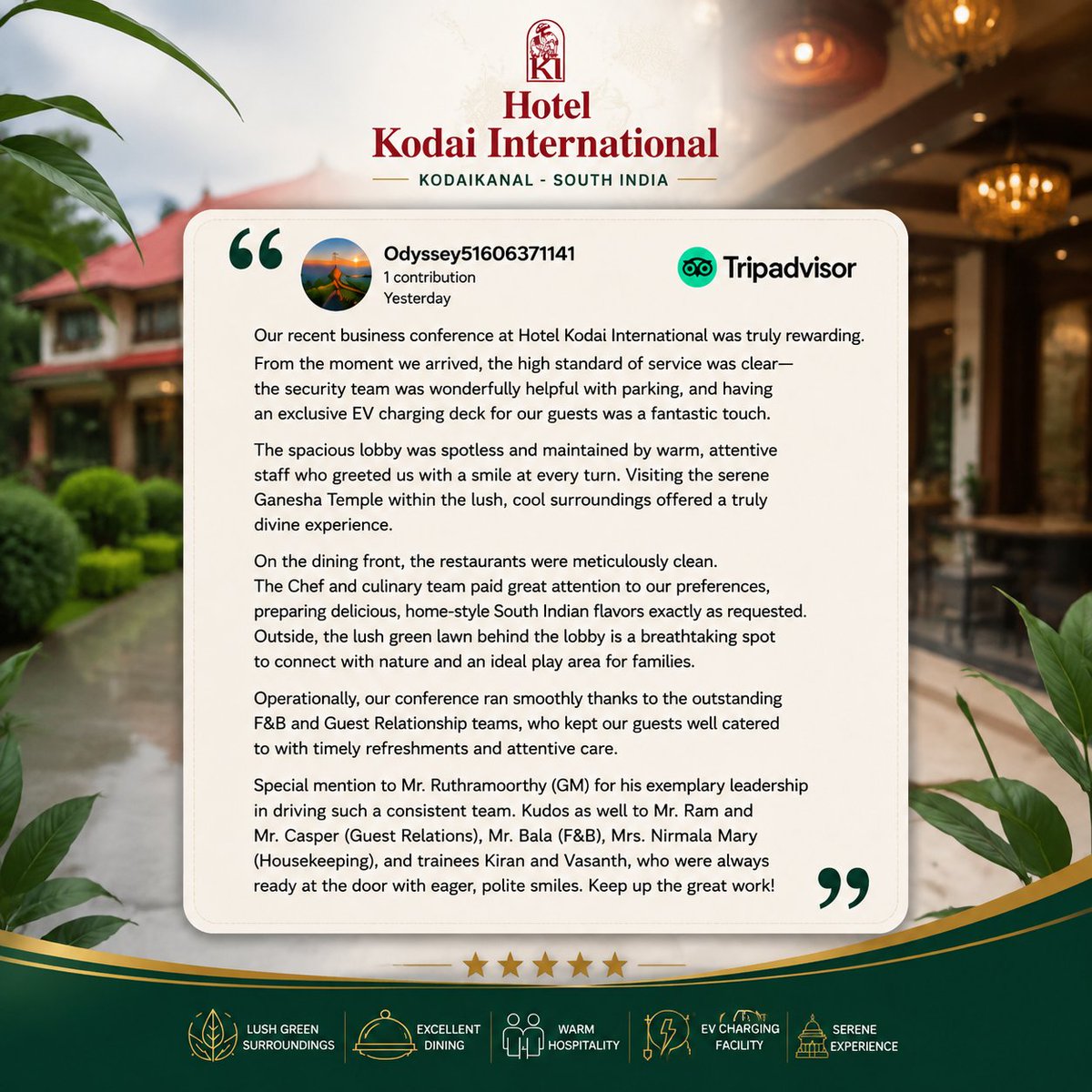 HotelKodai's tweet photo. πΏ Another Memorable Conference. Another Happy Guest. βββββ
Nothing inspires us more than hearing that we made your business event truly exceptional.
Hotel Kodai International, Kodaikanal
Where Business Meets Nature.
#GuestReview #TripAdvisor #HotelKodaiInternational https://t.co/rxYOiUJPIu