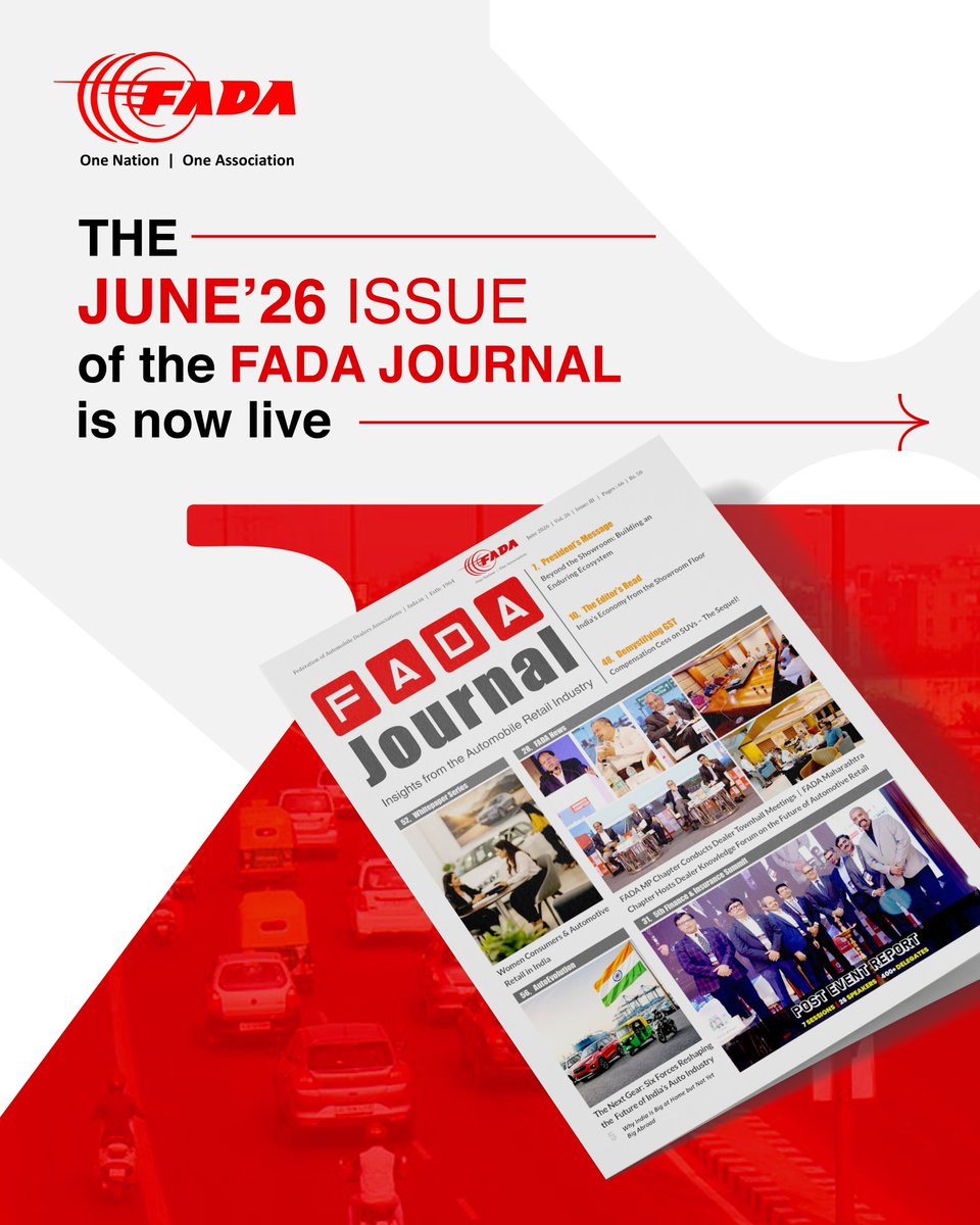 FADA_India's tweet photo. The June'26 edition of the #FADAJournal is now live.

From industry insights and FADA updates to GST perspectives, Whitepaper Series, AutoEvolution, and highlights from FADA's 5th Finance &amp; Insurance Summit 2026 - it's all here.

https://t.co/h4ywCZVlUt

Happy reading! https://t.co/qqpV4aoLxW