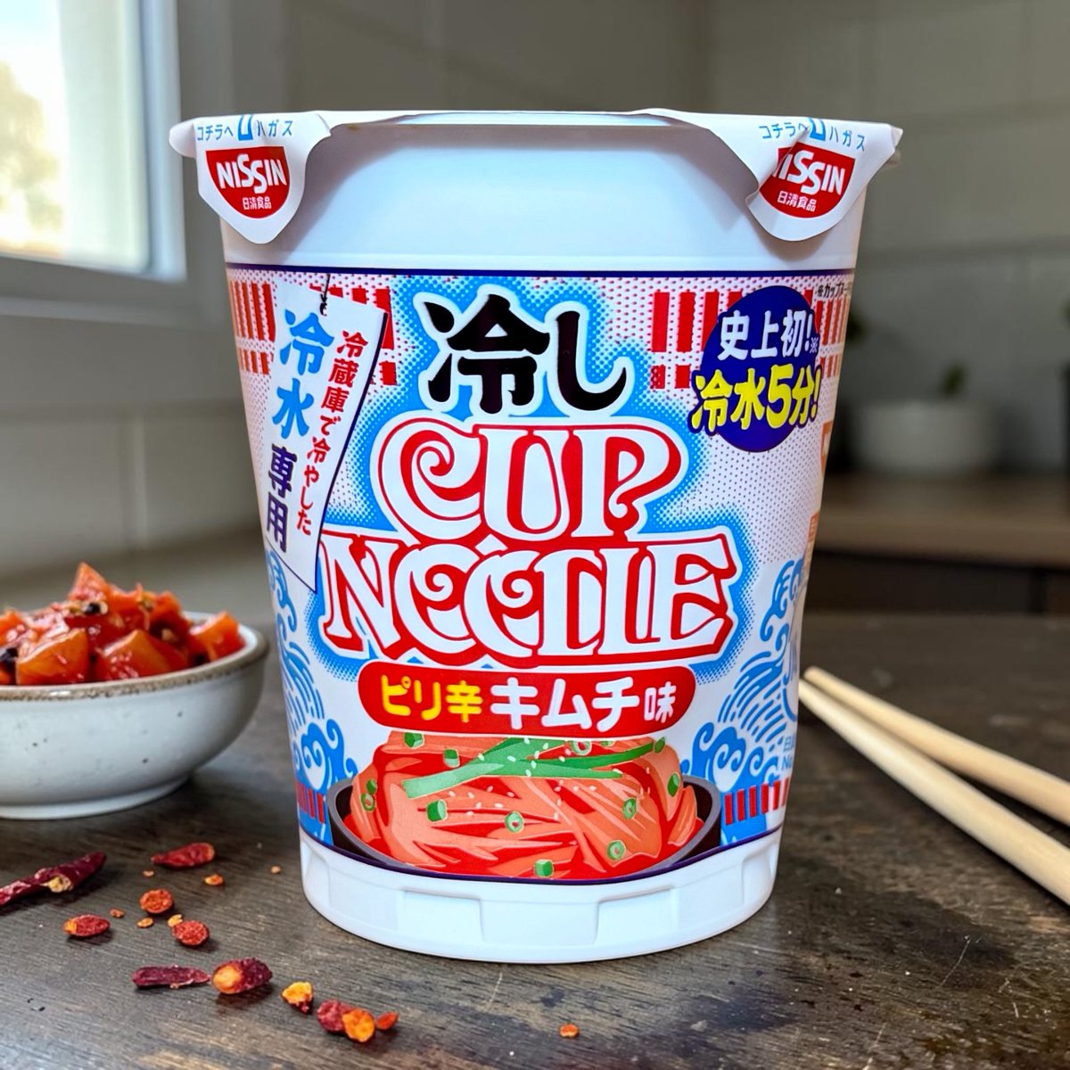 もう一つの「冷しカップヌードル」はピリ辛キムチ味。いろいろ工夫して