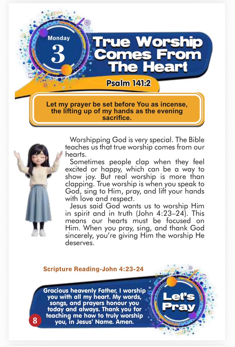 SaintSeyiB's tweet photo. TRUE WORSHIP COMES FROM THE HEART

Psalm 141:2
Let my prayer be set before You as incense, the lifting up of my hands as the evening sacrifice.

Worshipping God is very special. The Bible teaches us that true worship comes from our hearts. 

Sometimes people clap when they feel excited or happy, which can be a way to show joy. But real worship is more than clapping. True worship is when you speak to God, sing to Him, pray, and lift your hands with love and respect. 

Jesus said God wants us to worship Him in spirit and in truth (John 4:23–24). This means our hearts must be focused on Him. When you pray, sing, and thank God sincerely, you’re giving Him the worship He deserves.

SCRIPTURE READING
John 4:23-24 But the hour cometh, and now is, when the true worshippers shall worship the Father in spirit and in truth: for the Father seeketh such to worship him. [24] God is a Spirit: and they that worship him must worship him in spirit and in truth.

LET'S PRAY 
Gracious heavenly Father, I worship you with all my heart. My words, songs, and prayers honour you today and always. Thank you for teaching me how to truly worship you, in Jesus’ Name. Amen.

#RORER 
#RhapsodyAug3