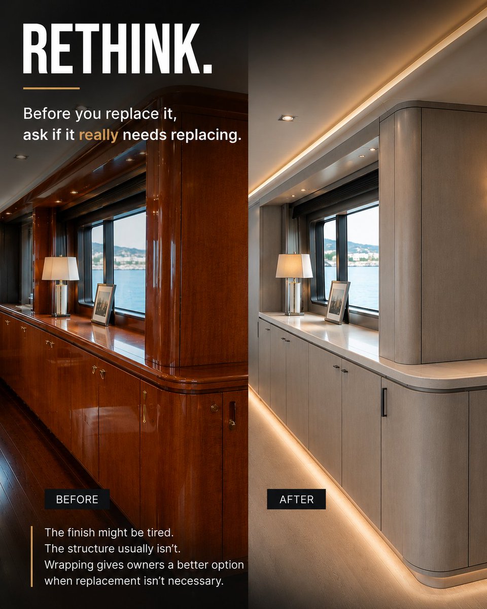 WildGroup's tweet photo. RETHINK:
One of the first questions we ask when we walk onto a yacht is, what actually needs replacing?
It sounds obvious, but it's surprising how often the answer is "less than you think."
The instinct is often to replace it, yet the problem isn't the joinery; it's the surface. https://t.co/YGFd15tQON