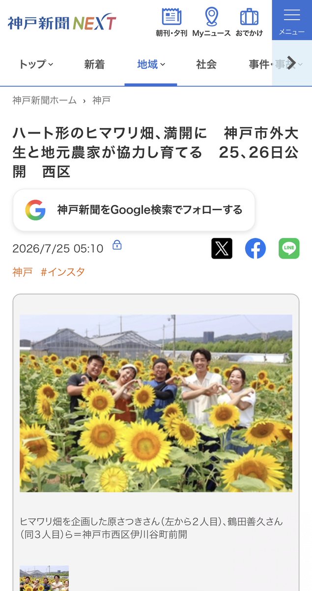 ikawa_offsalon's tweet photo. 🌻伊川谷のひまわり畑、神戸新聞に掲載🌻
神戸市外国語大学の学生さんと一緒に育ててきた��うれしいひまわり畑」をご紹介いただきました📰
農業を通じて地域とのつながりを広げる取り組みを、これからも続けていきます！ https://t.co/TfdknWeXPV