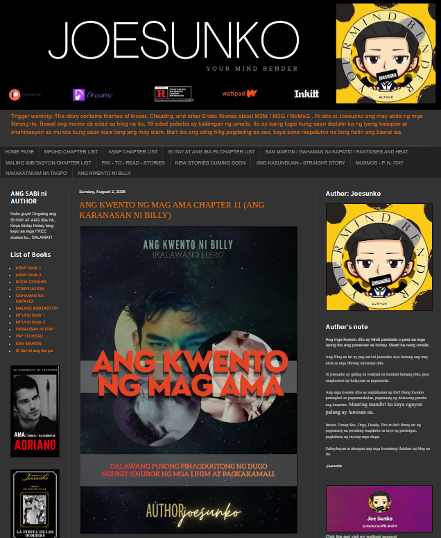 GreenLoki03's tweet photo. ANG KWENTO NG MAG AMA
AUTHOR JOESUNKO
PAALALA : Trigger Warning

Ang mga elementong ito ay bahagi ng salaysay at hindi sumasalamin sa pananaw o paniniwala ng may-akda. Pinapayuhan ang pag-iingat sa pagbabasa. 

CHAPTER 9  (ILABAS MO ANG ANAK KO)

https://t.co/MZEQF4suV6

--
CHAPTER 10  (ASAN KA NA BILLY)

https://t.co/KcybCSXNMn

--
CHAPTER 11  (ANG KARANASAN NI BILLY)

https://t.co/Ef8bpEdF5v