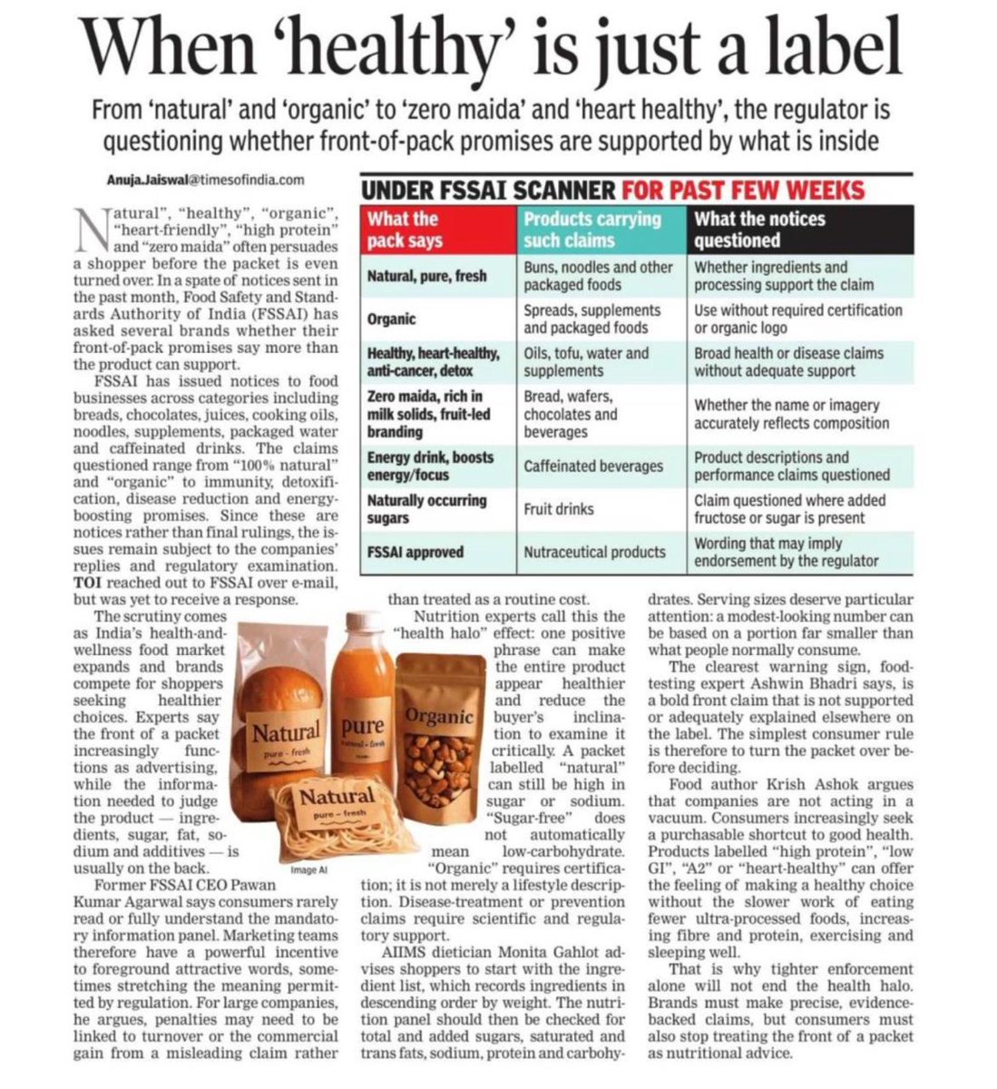 aiims_newdelhi's tweet photo. Understanding Food Labels Beyond Front-of-Pack Claims

Front-of-package descriptors such as "Natural," "Organic," or "Heart-Healthy" serve primarily as product branding and may not fully reflect a product's overall nutritional quality.

1. Examine the Ingredient List: Ingredients are required to be listed in descending order by weight, offering a clearer picture of composition.

2. Review the Nutrition Panel: Prioritize checking levels of added sugars, saturated and trans fats, and sodium content.

3. Assess Declared Portion Sizes: Verify serving size information, as declared portions may be significantly smaller than typical consumption amounts.

Inspect the back panel of packaged foods to make objective, evidence-based nutritional choices.

#PublicHealth #ClinicalNutrition