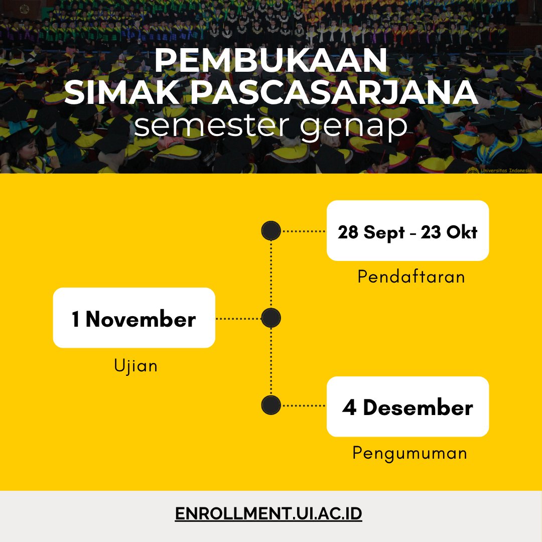 SIMAK_UI's tweet photo. 📢Pendaftaran SIMAK Pascasarjana akan kembali dibuka pada 28 Sept - 23 Okt 2026. Ujian 1 November, &amp; pengumuman 4 Desember. Siapkan berkas dari sekarang! 

Detail lebih lanjut👉https://t.co/NjgjuzGIdJ (saat pendaftaran berlangsung). 
Untuk jadwal &amp; biaya👉https://t.co/C8lT9oUeWr. https://t.co/khtT3nGtPz