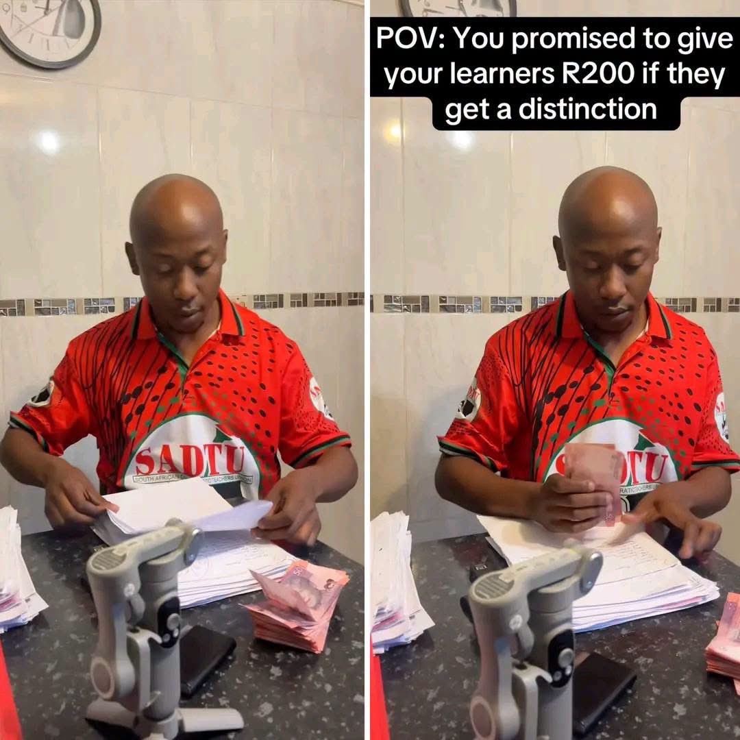 Am_Blujay's tweet photo. A teacher is being praised after paying learners R200 each from his own salary for achieving distinctions, honouring a promise he made before the exams.

A video of him handing over the cash has gone viral, with many applauding his commitment to rewarding hard work and inspiring academic excellence. 👏📚