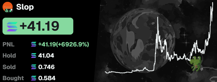 coromaroco's tweet photo. A wallet turned a tiny $42 bet on $Slop into a 63x win.

This trader got in early when $Slop was sitting at just a $13.65K market cap.

Fast forward to today — the token has surged to a $1.2M market cap, turning that small entry into a massive gain.

The wallet has already cashed out $54 in profits and is still holding around $2,720 worth of $Slop.

CA: EVY4xJ3ytMHa77sjgs2uVj7fgXj1ha98QSQxPadApump

Wallet: J7hW26NwWG3boJ5SazM4PJbeABGqePtj75hiyiixxNh3

Small entry. Big conviction.

Respect or what?