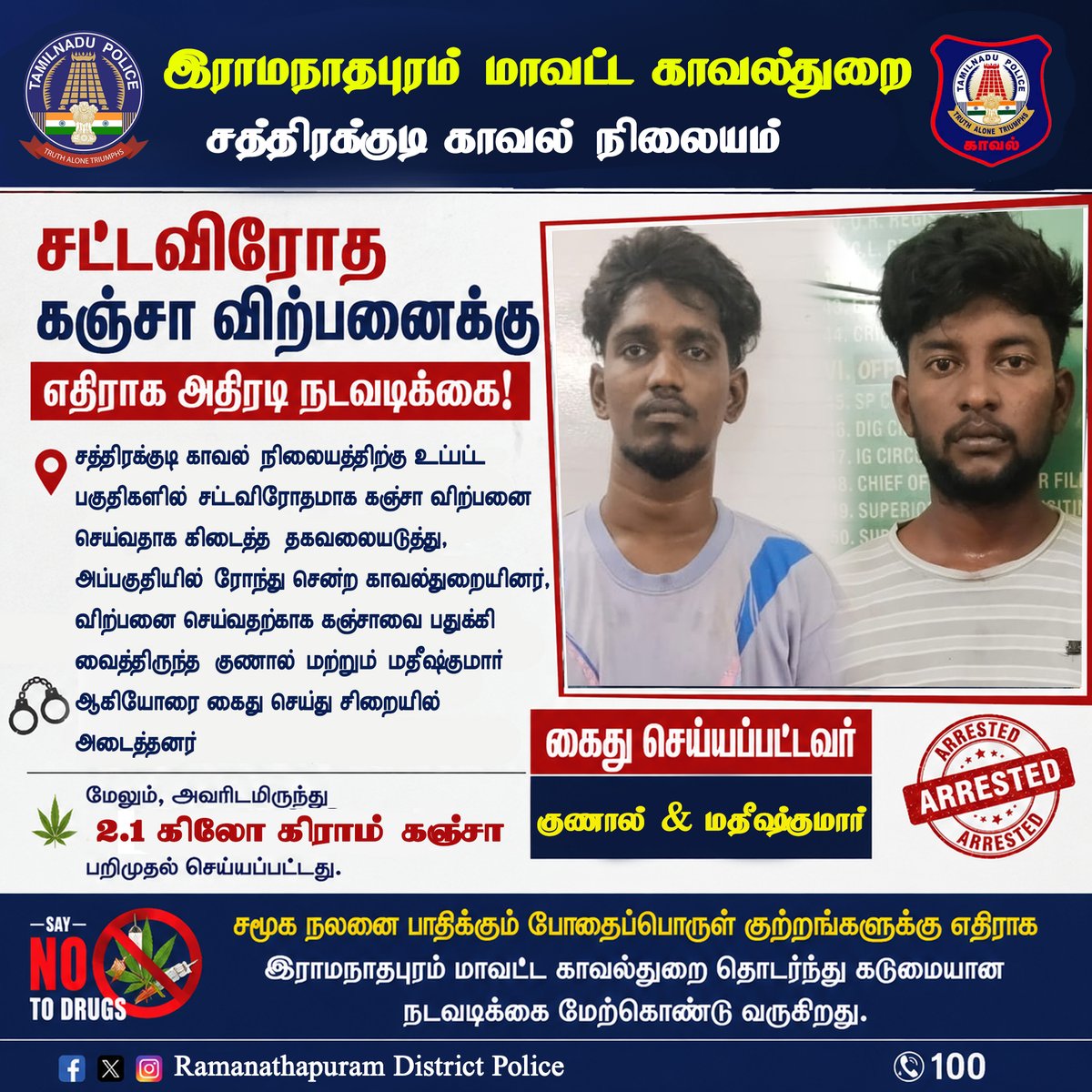 tnpoliceoffl's tweet photo. இராமநாதபுரம் மாவட்டம்: சத்திரக்குடி காவல் நிலைய எல்லைக்குட்பட்ட பகுதியில் சட்டவிரோதமாக கஞ்சா விற்பனை செய்து வந்த குணால் மற்றும் மதீஷ்குமார் ஆகியோர் கைது செய்யப்பட்டனர். அவர்களிடமிருந்து 2.1 கிலோகிராம் கஞ்சா பறிமுதல் செய்யப்பட்டது. https://t.co/9HLCXUYtdp