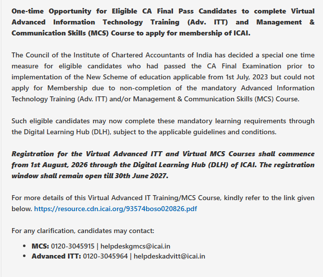 CAclubindia's tweet photo. #ICAI Gives One-Time Opportunity to CA Final Pass Candidates to Complete Adv. ITT and MCS Virtually for Membership https://t.co/WfIIaKFdN5