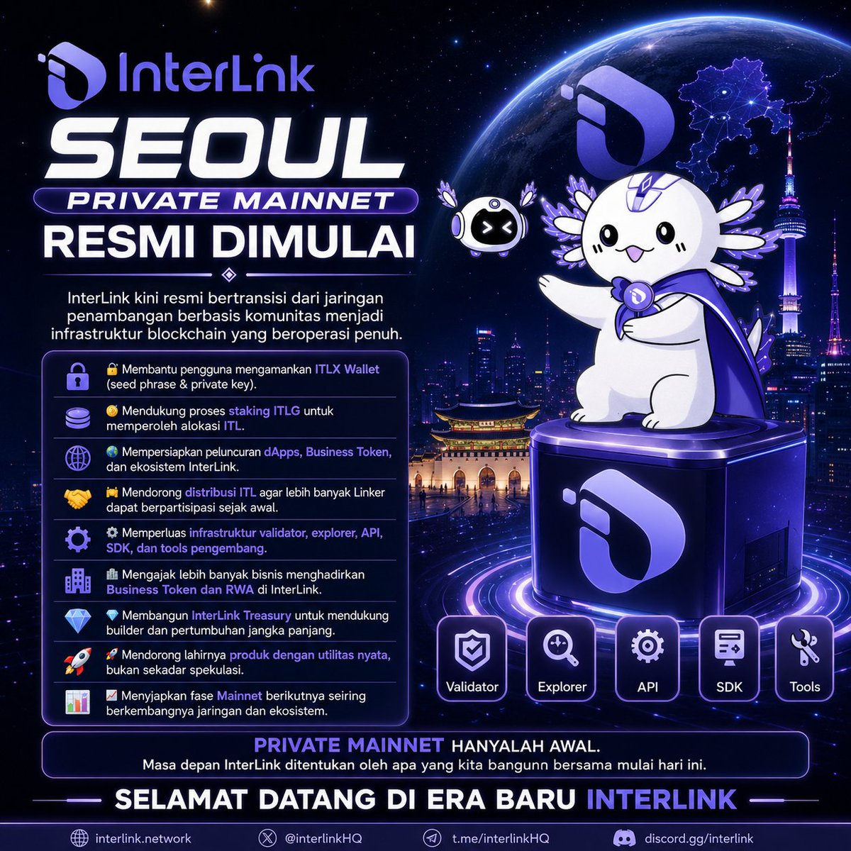 Pinchtext05's tweet photo. InterLink Seoul Private Mainnet resmi dimulai! 🚀
Fokus pada keamanan ITLX Wallet, staking ITLG, distribusi ITL, pengembangan dApps, Business Token, RWA, validator, dan tools developer. Private Mainnet adalah awal era baru InterLink! Ayo! #InterLink #ITLG #ITL https://t.co/3zIJPpyQYc